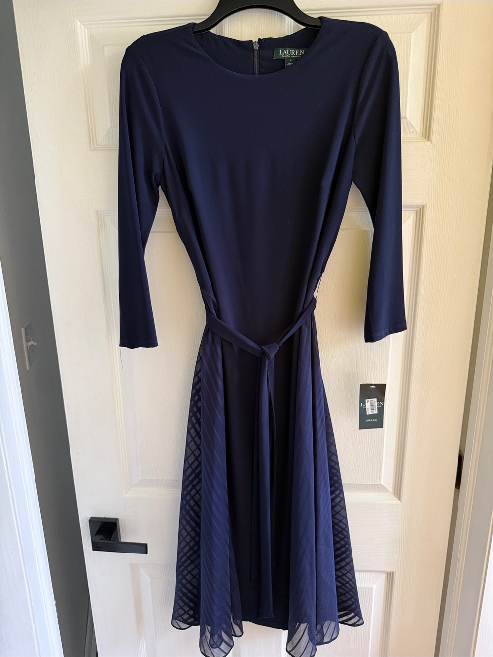 NWT Lauren Ralph Lauren Navy Midi Fit-and-Flare Dress with Sheer Panel Skirt